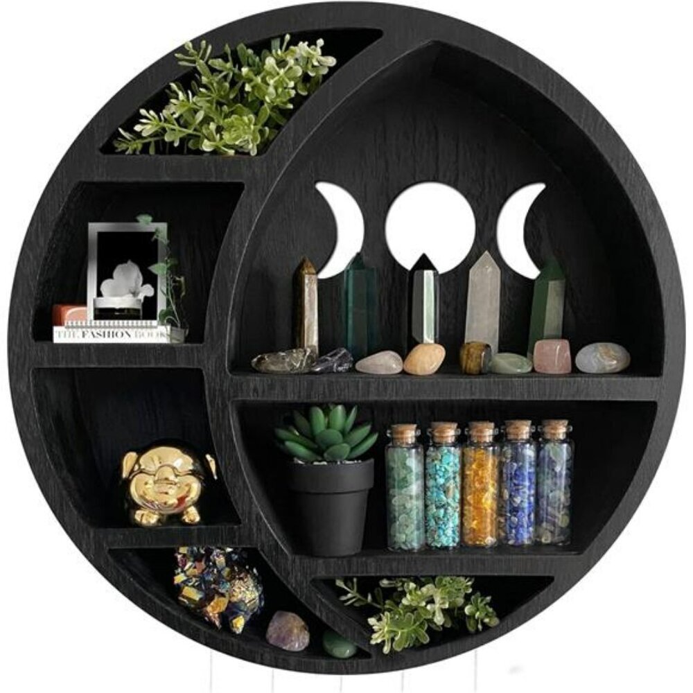 Moon Shelf Wall Decor Crystal Display Wooden Crescent Moon Phase Room Shelf